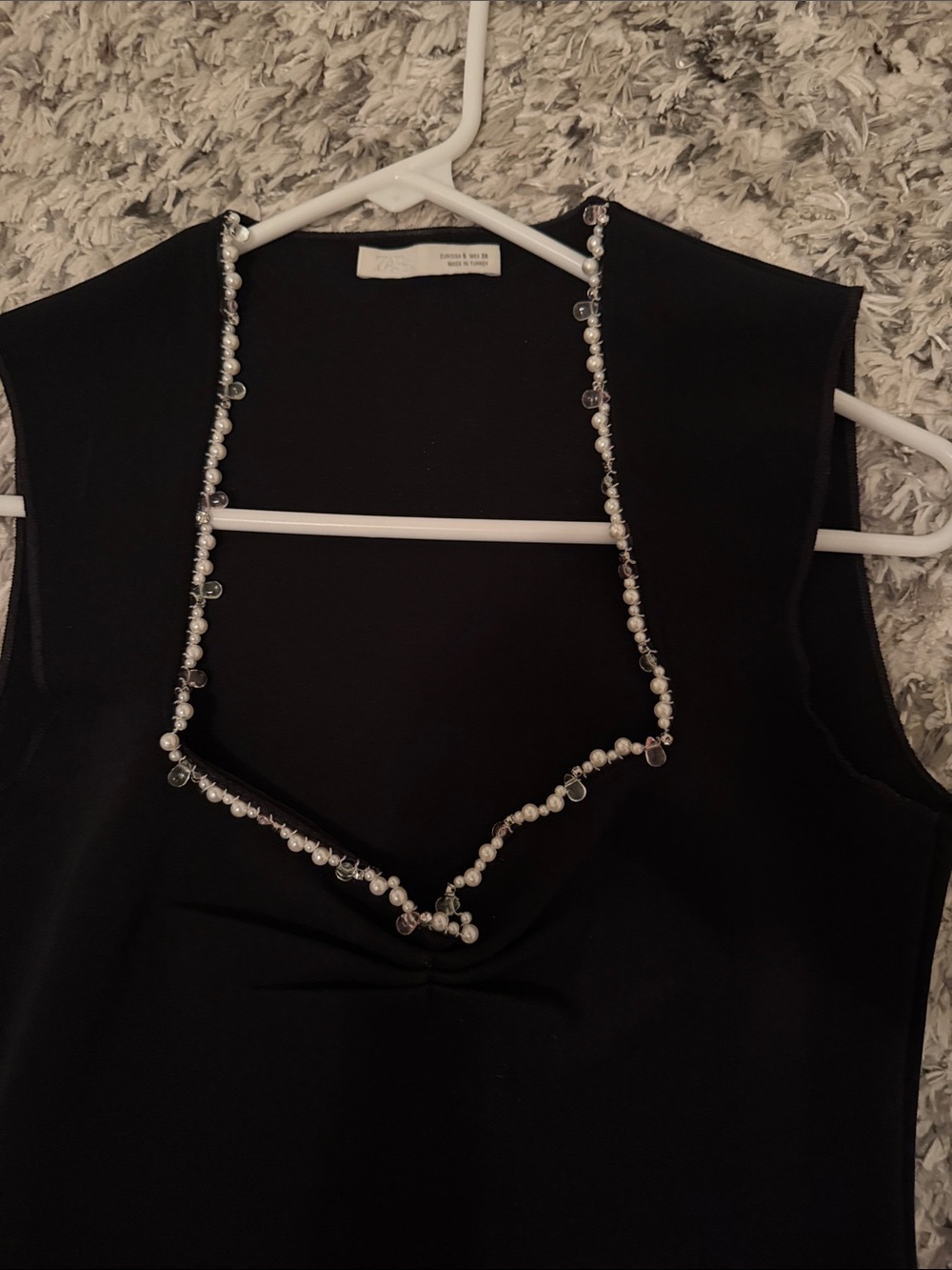 Zara Black Tank Top with Pearl-Trimmed Neckline